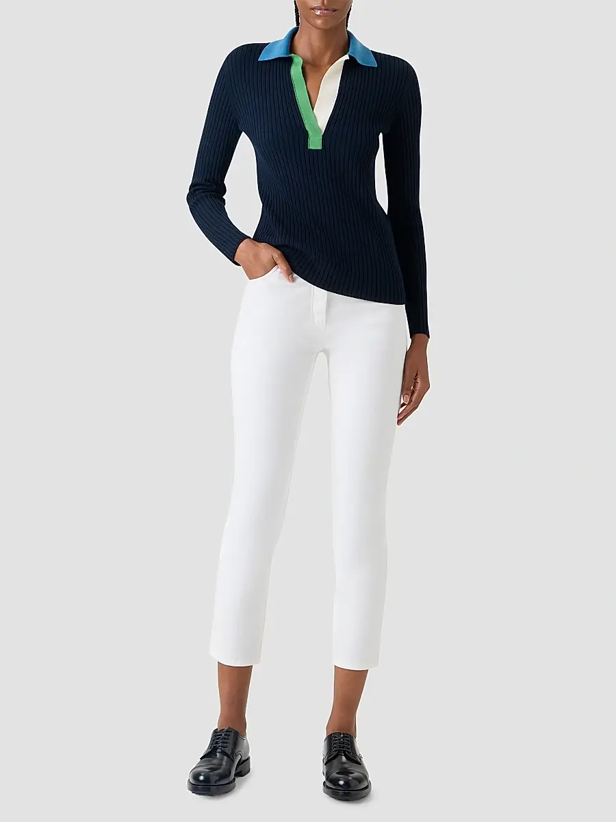 Akris punto Women's Colorblocked Rib-Knit Wool Long-Sleeve Polo Shirt | Thumbnail 2 Akris punto Women's Colorblocked Rib-Knit Wool Long-Sleeve Polo Shirt | Thumbnail 2
