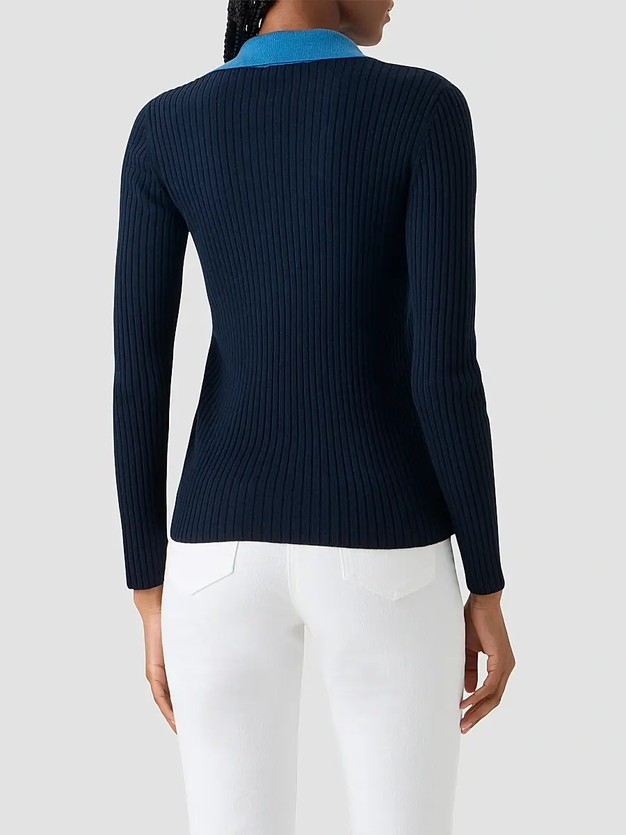 Akris punto Women's Colorblocked Rib-Knit Wool Long-Sleeve Polo Shirt | Thumbnail 3 Akris punto Women's Colorblocked Rib-Knit Wool Long-Sleeve Polo Shirt | Thumbnail 3