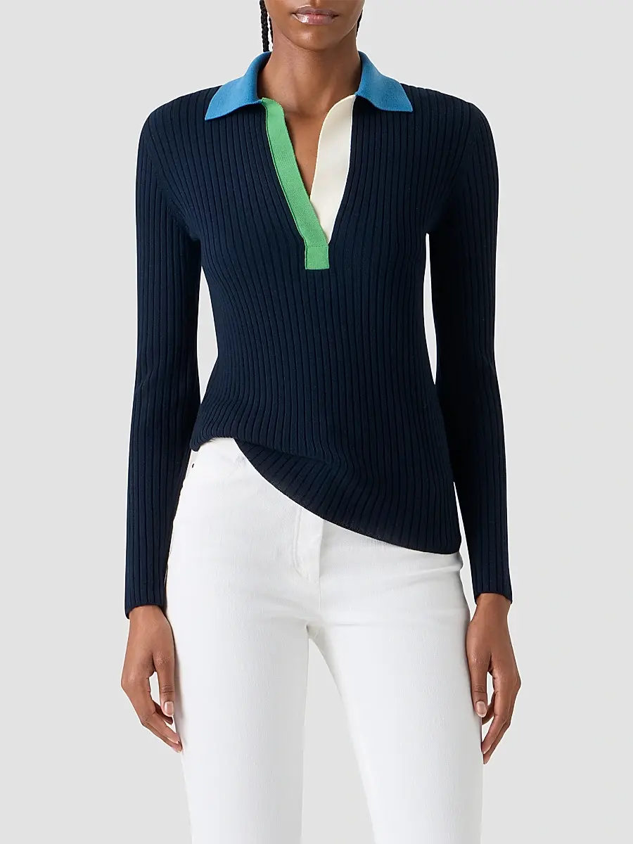 Akris punto Women's Colorblocked Rib-Knit Wool Long-Sleeve Polo Shirt | Thumbnail 4 Akris punto Women's Colorblocked Rib-Knit Wool Long-Sleeve Polo Shirt | Thumbnail 4