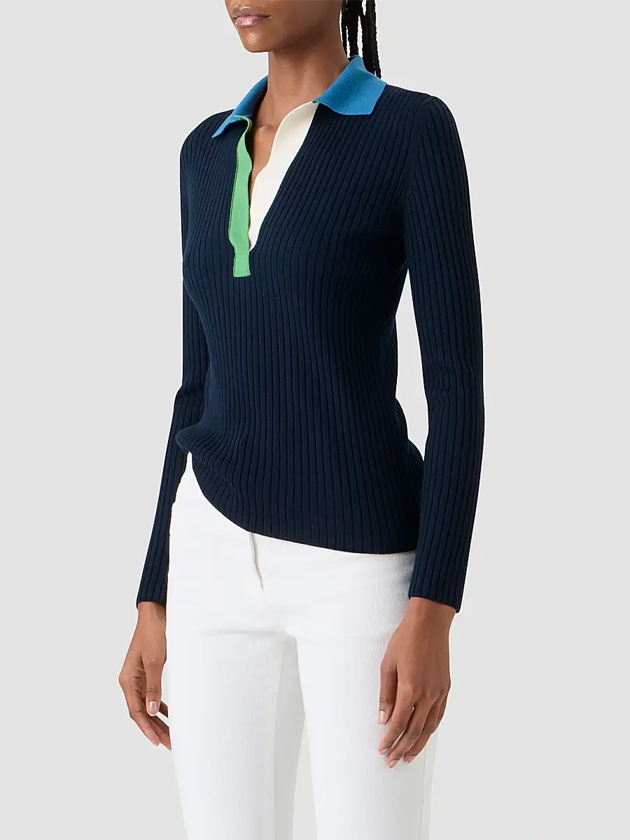 Akris punto Women's Colorblocked Rib-Knit Wool Long-Sleeve Polo Shirt | Thumbnail 6 Akris punto Women's Colorblocked Rib-Knit Wool Long-Sleeve Polo Shirt | Thumbnail 6