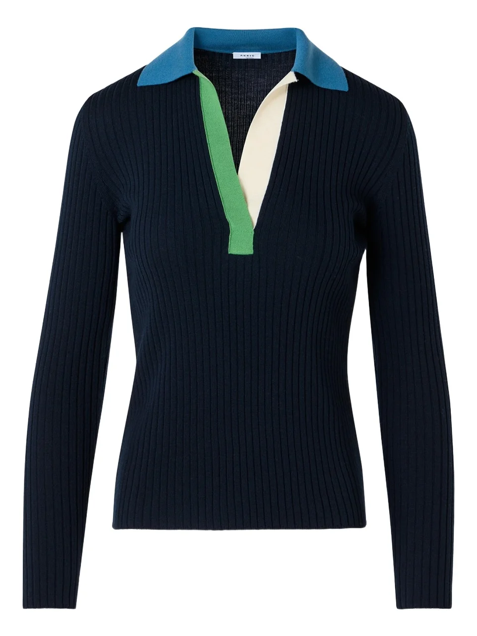Women's Colorblocked Rib-Knit Wool Long-Sleeve Polo Shirt