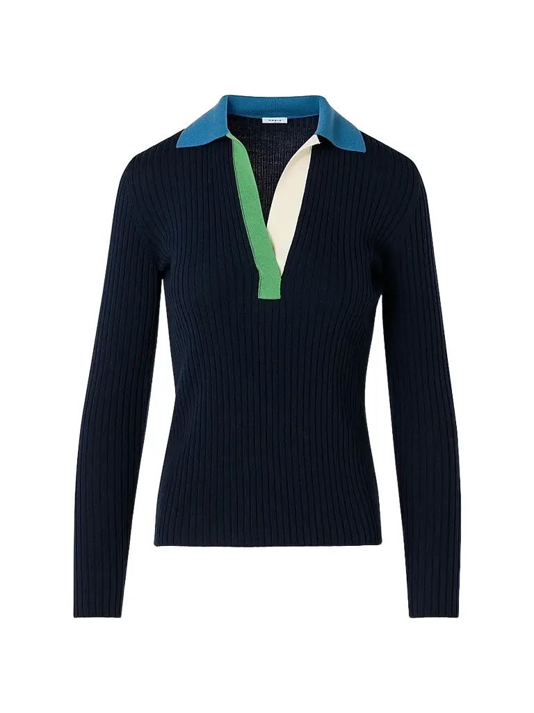 Akris punto Women's Colorblocked Rib-Knit Wool Long-Sleeve Polo Shirt