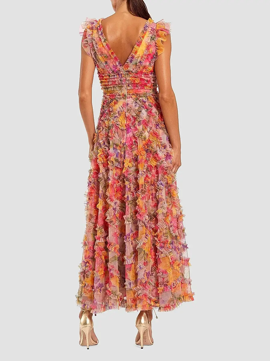 Mac Duggal Women's Floral Mesh Ruffled V-Neck Maxi Dress | Thumbnail 2