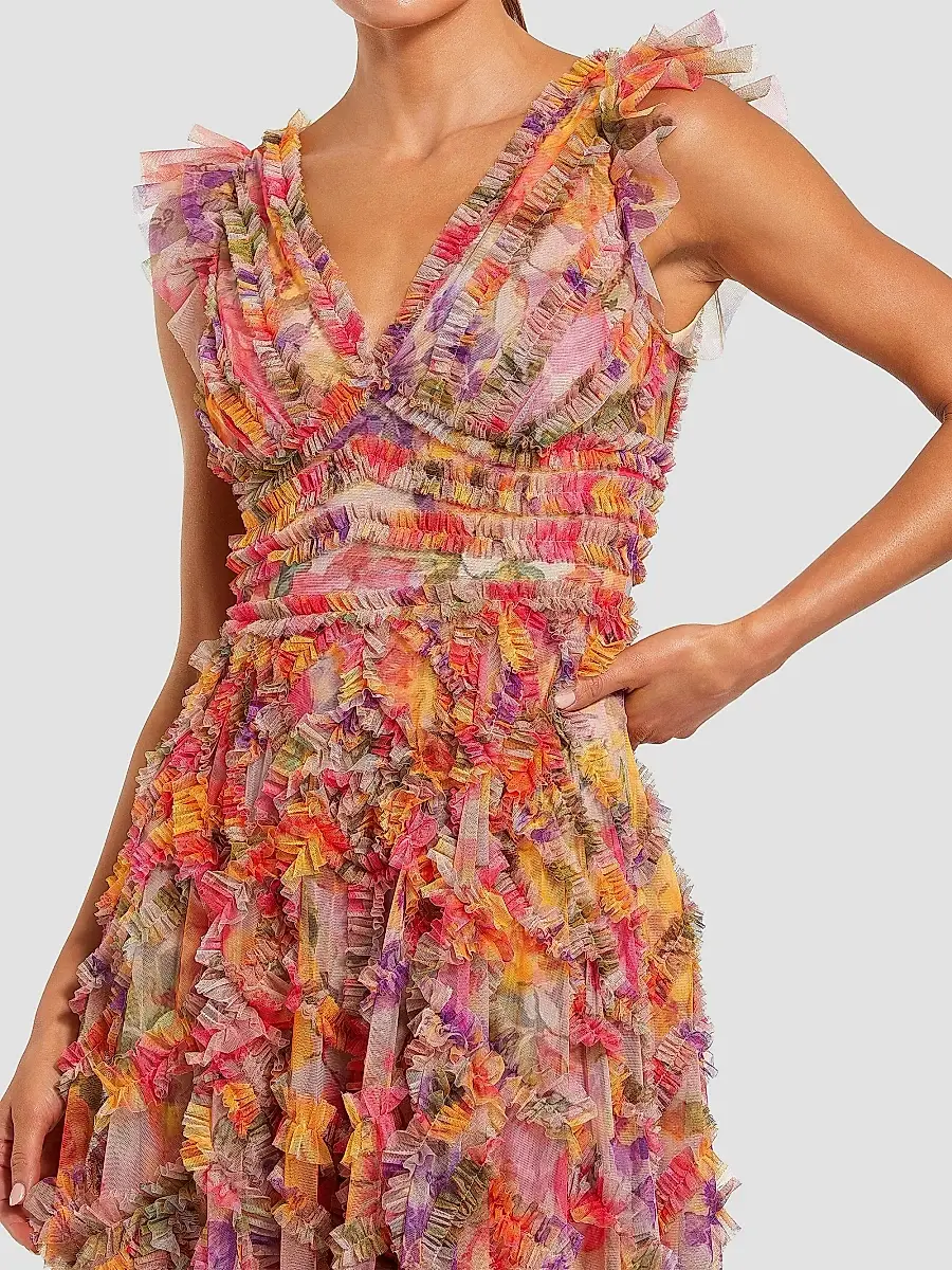 Mac Duggal Women's Floral Mesh Ruffled V-Neck Maxi Dress | Thumbnail 3