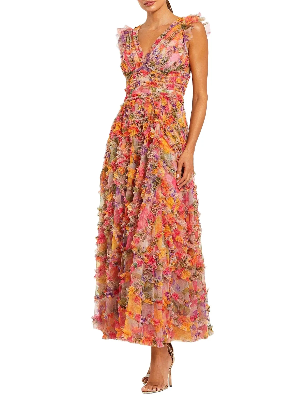 Women's Floral Mesh Ruffled V-Neck Maxi Dress Women's Floral Mesh Ruffled V-Neck Maxi Dress