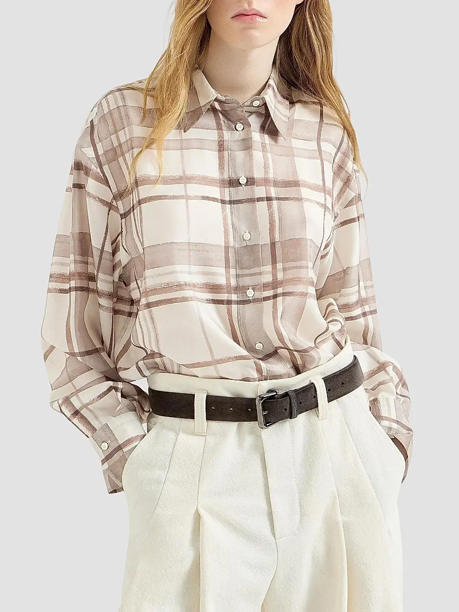 Brunello Cucinelli Women's Silk Pongée Shirt in Macrocheck Print - Multicolor | Thumbnail 2