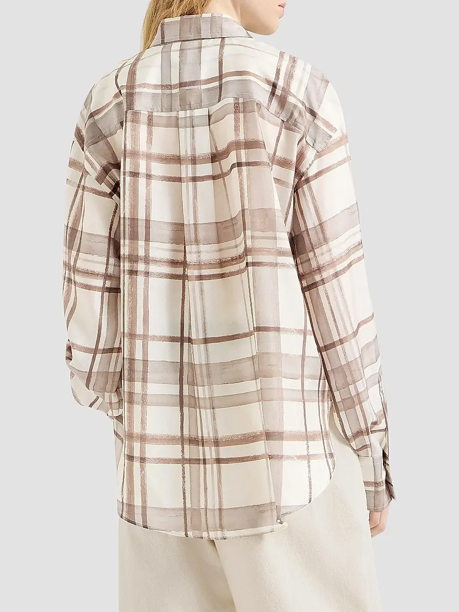 Brunello Cucinelli Women's Silk Pongée Shirt in Macrocheck Print - Multicolor | Thumbnail 3