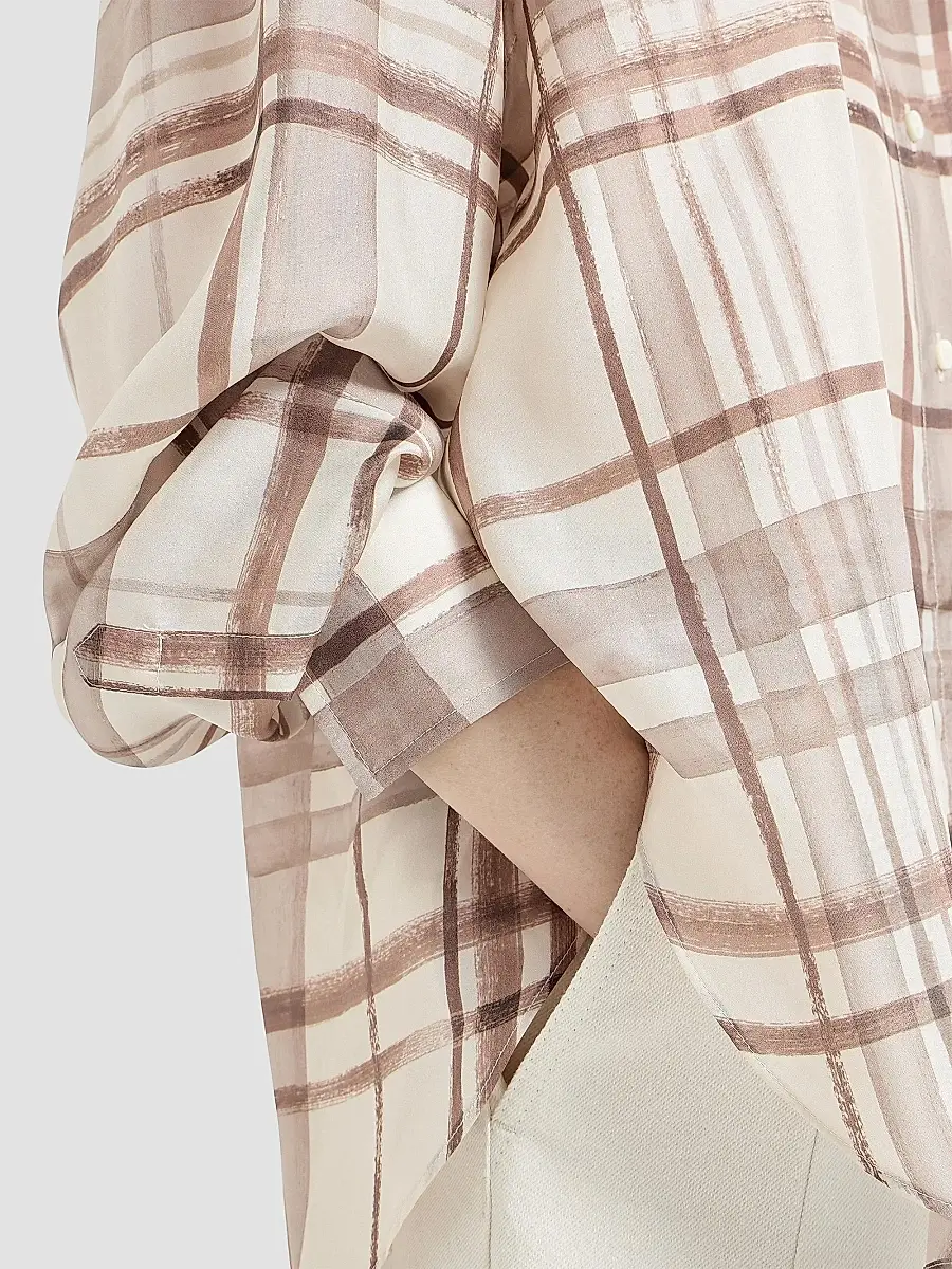 Brunello Cucinelli Women's Silk Pongée Shirt in Macrocheck Print - Multicolor | Thumbnail 4