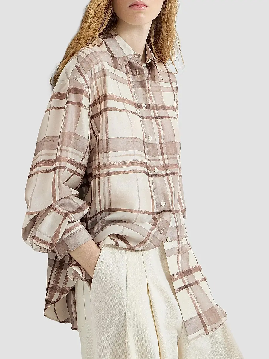 Brunello Cucinelli Women's Silk Pongée Shirt in Macrocheck Print - Multicolor | Thumbnail 5