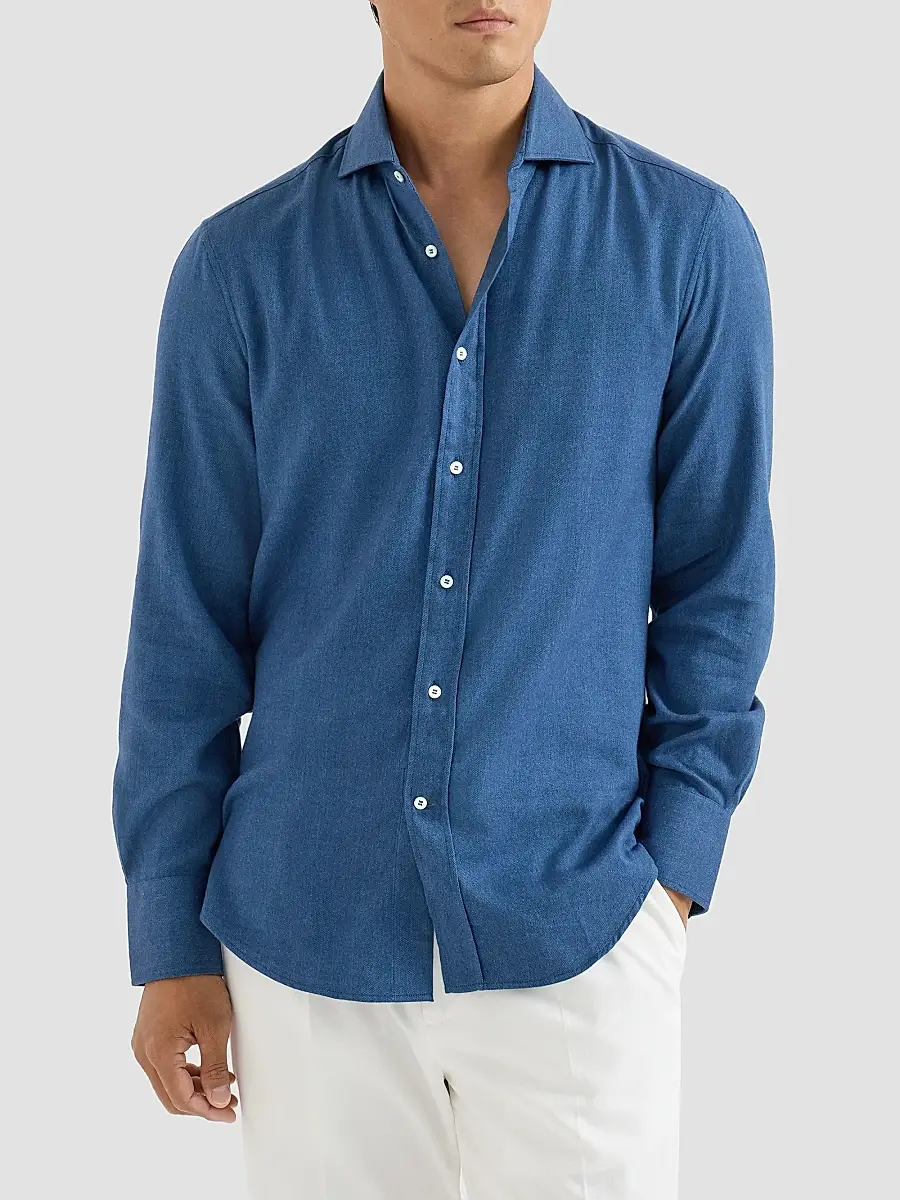 Brunello Cucinelli Men's Stretch Cotton Chevron Flannel Shirt with Spread Collar - Blue | Thumbnail 3 Brunello Cucinelli Men's Stretch Cotton Chevron Flannel Shirt with Spread Collar - Blue | Thumbnail 3