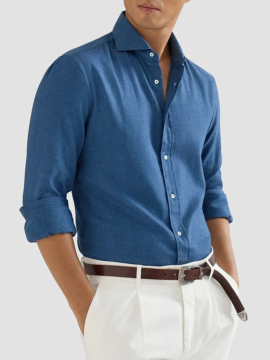 Brunello Cucinelli Men's Stretch Cotton Chevron Flannel Shirt with Spread Collar - Blue | Thumbnail 4 Brunello Cucinelli Men's Stretch Cotton Chevron Flannel Shirt with Spread Collar - Blue | Thumbnail 4