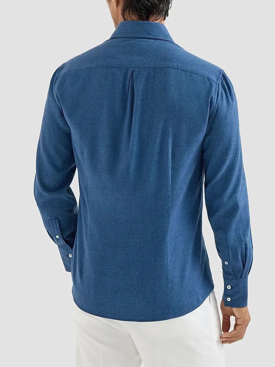 Brunello Cucinelli Men's Stretch Cotton Chevron Flannel Shirt with Spread Collar - Blue | Thumbnail 5 Brunello Cucinelli Men's Stretch Cotton Chevron Flannel Shirt with Spread Collar - Blue | Thumbnail 5