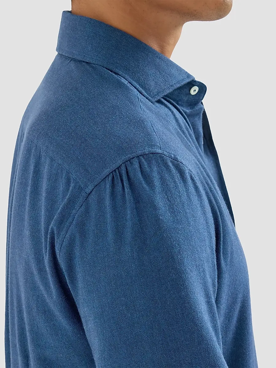 Brunello Cucinelli Men's Stretch Cotton Chevron Flannel Shirt with Spread Collar - Blue | Thumbnail 6 Brunello Cucinelli Men's Stretch Cotton Chevron Flannel Shirt with Spread Collar - Blue | Thumbnail 6