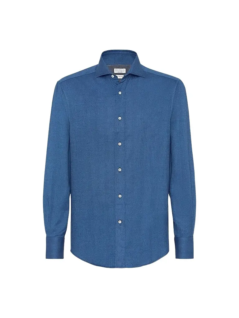Brunello Cucinelli Men's Stretch Cotton Chevron Flannel Shirt with Spread Collar - Blue