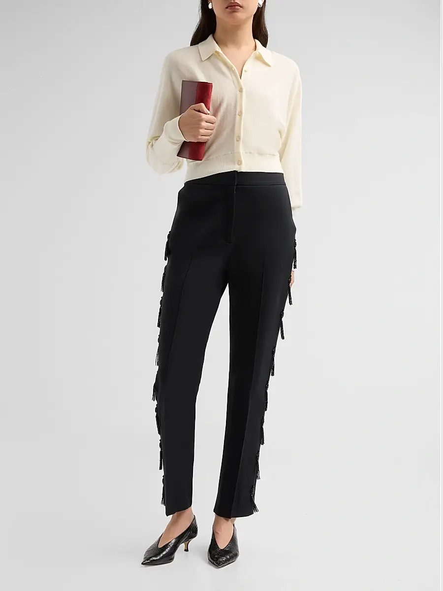 Lela Rose Women's Tassel Embroidered Stretch Cotton Demi Pants | Thumbnail 2 Lela Rose Women's Tassel Embroidered Stretch Cotton Demi Pants | Thumbnail 2