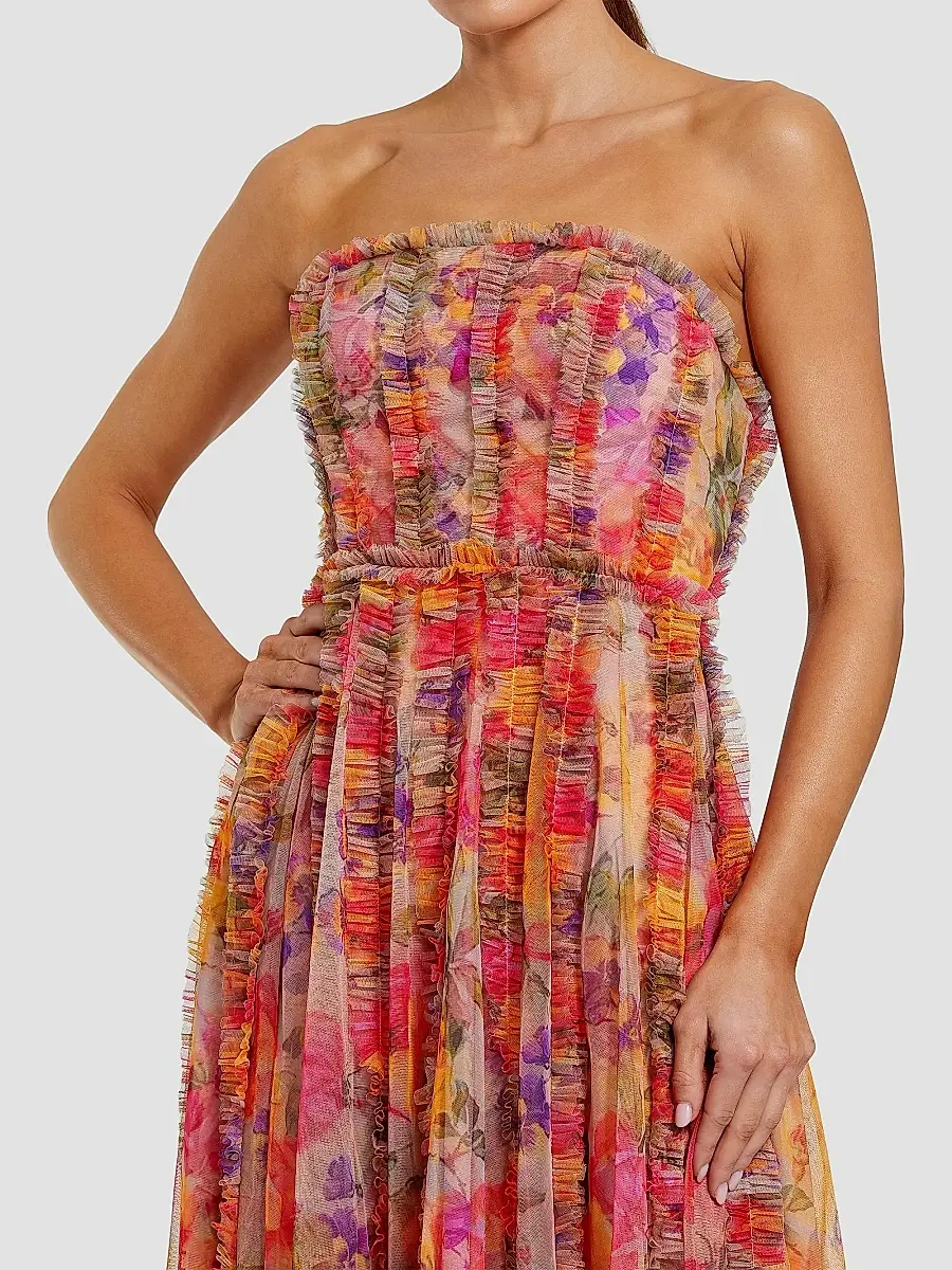 Mac Duggal Women's Floral Mesh Ruffled Strapless Gown | Thumbnail 3