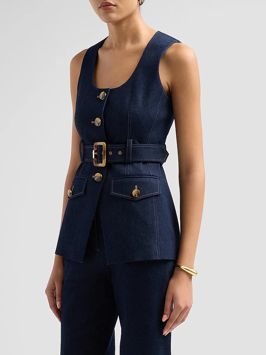 Veronica Beard Women's Becker Stretch-Denim Belted Vest | Thumbnail 4 Veronica Beard Women's Becker Stretch-Denim Belted Vest | Thumbnail 4