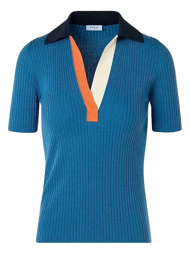 Women's Rib-Knit Wool Short-Sleeve Polo Shirt Women's Rib-Knit Wool Short-Sleeve Polo Shirt