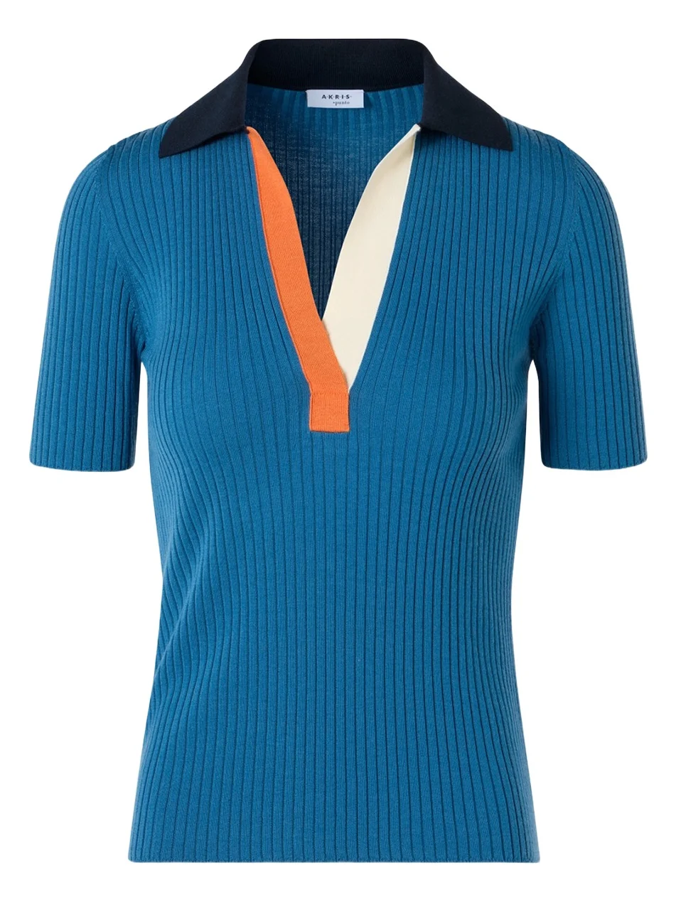 Women's Rib-Knit Wool Short-Sleeve Polo Shirt
