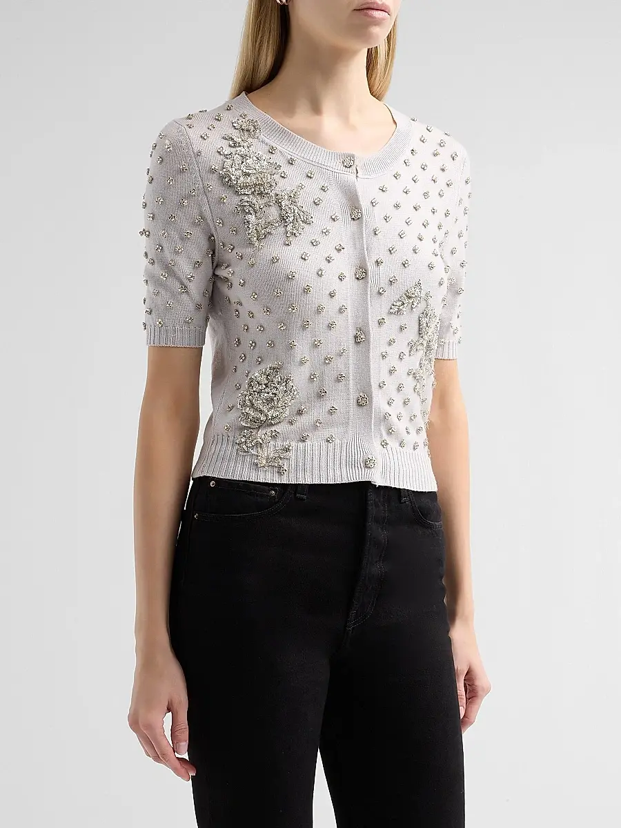 Oscar de la Renta Women's Crystal Floral-Embroidered Wool Cardigan | Thumbnail 4 Oscar de la Renta Women's Crystal Floral-Embroidered Wool Cardigan | Thumbnail 4