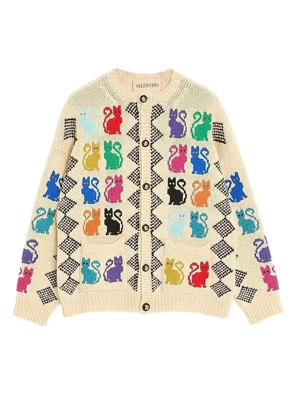 Valentino Men's Wool Cardigan With Le Chat De La Maison Jacquard Pattern