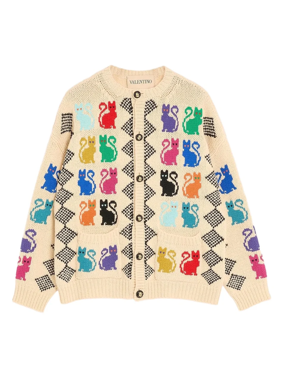 Valentino Men's Wool Cardigan With Le Chat De La Maison Jacquard Pattern