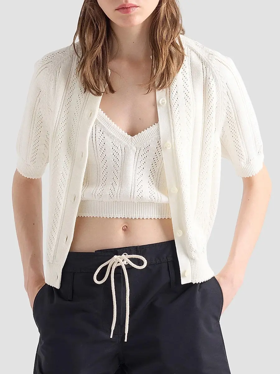 Prada Women's Short-Sleeved Openwork Cotton Cardigan | Thumbnail 3 Prada Women's Short-Sleeved Openwork Cotton Cardigan | Thumbnail 3