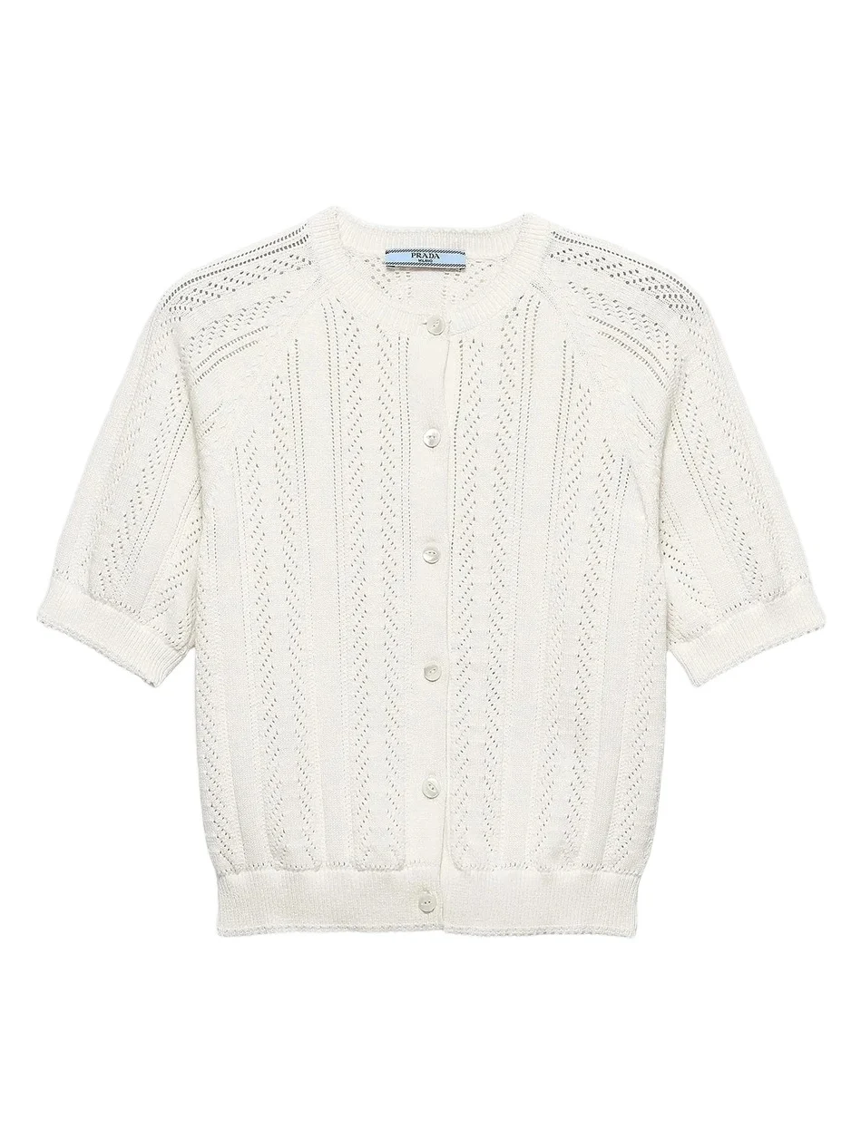 Prada Women's Short-Sleeved Openwork Cotton Cardigan