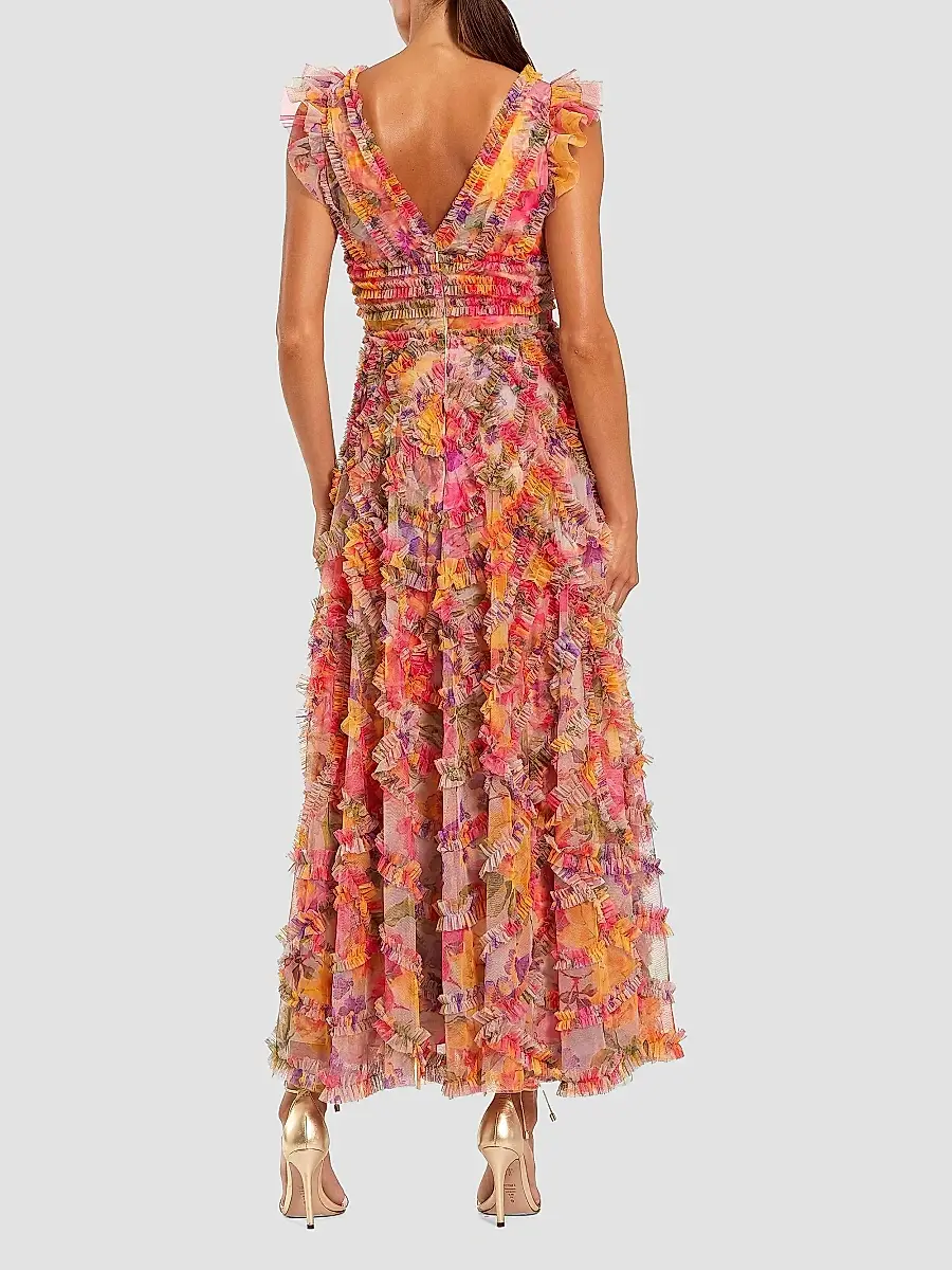 Mac Duggal Women's Petite Floral Tulle Ruffle Maxi Dress | Thumbnail 2 Mac Duggal Women's Petite Floral Tulle Ruffle Maxi Dress | Thumbnail 2