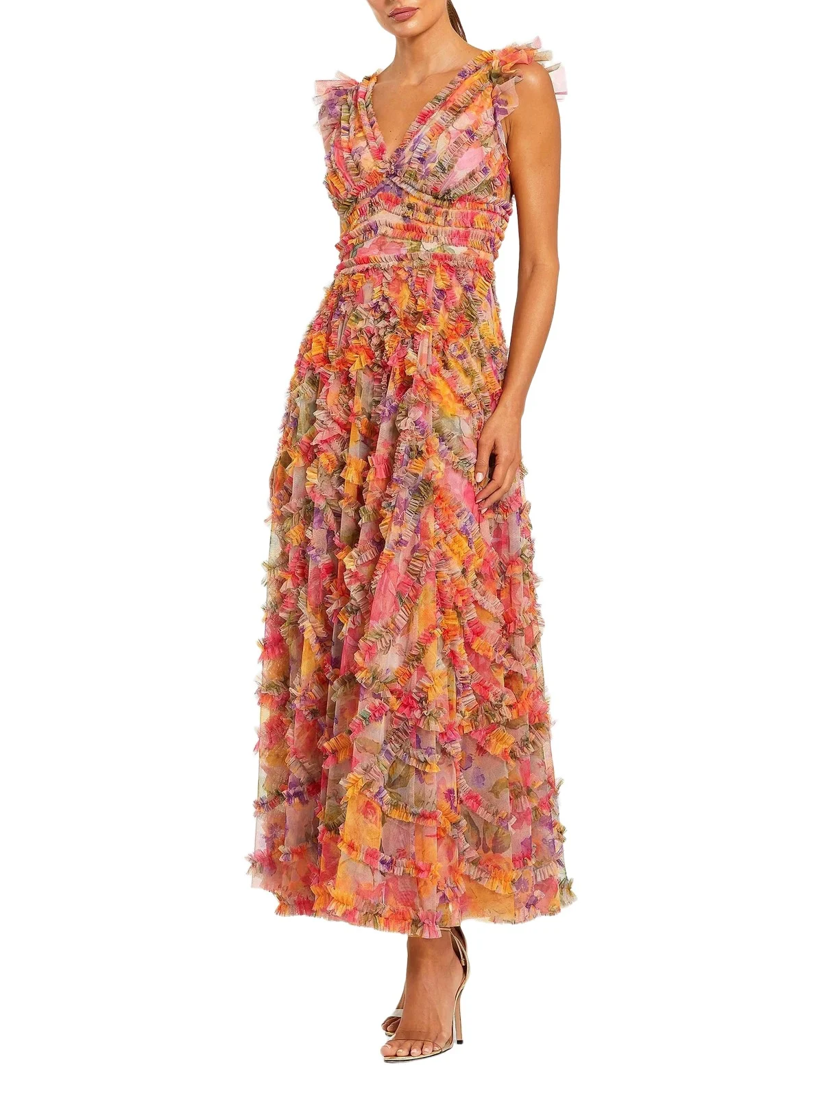 Women's Petite Floral Tulle Ruffle Maxi Dress Women's Petite Floral Tulle Ruffle Maxi Dress