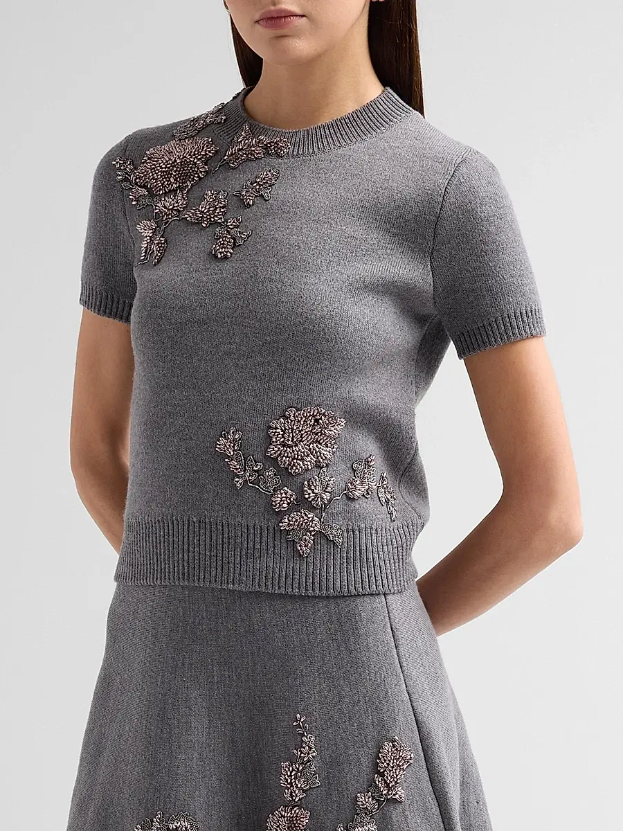 Oscar de la Renta Women's Beaded Floral Wool Sweater | Thumbnail 4