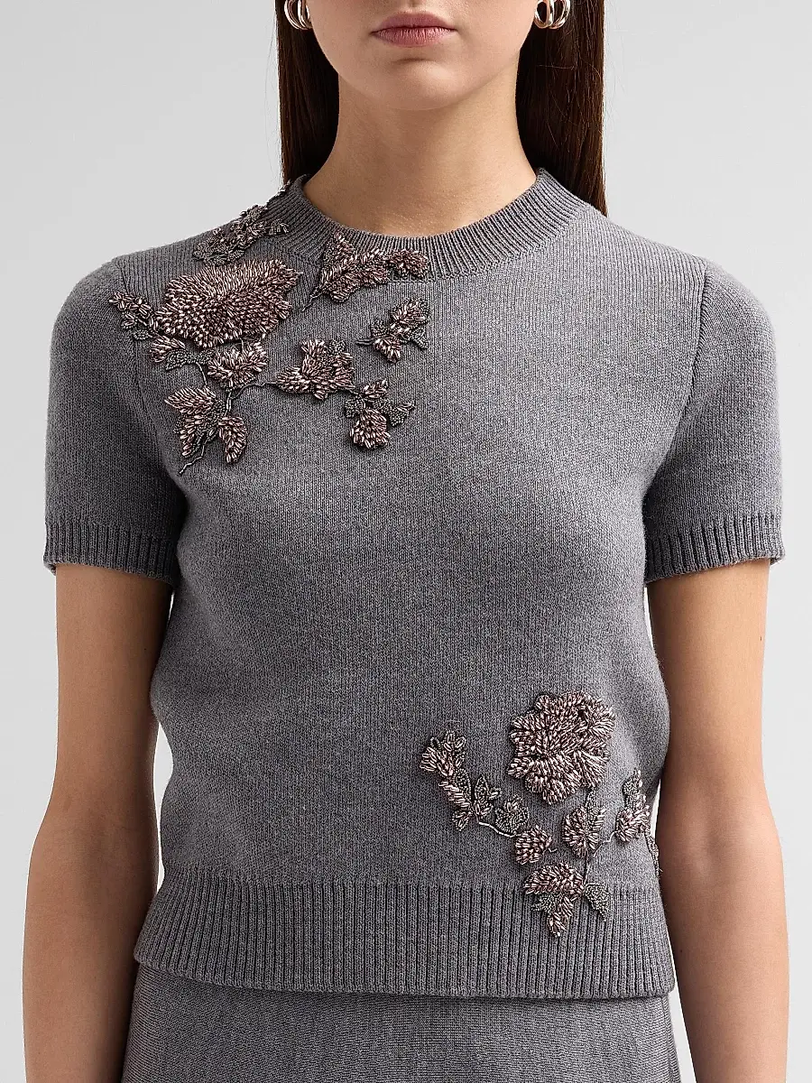 Oscar de la Renta Women's Beaded Floral Wool Sweater | Thumbnail 5