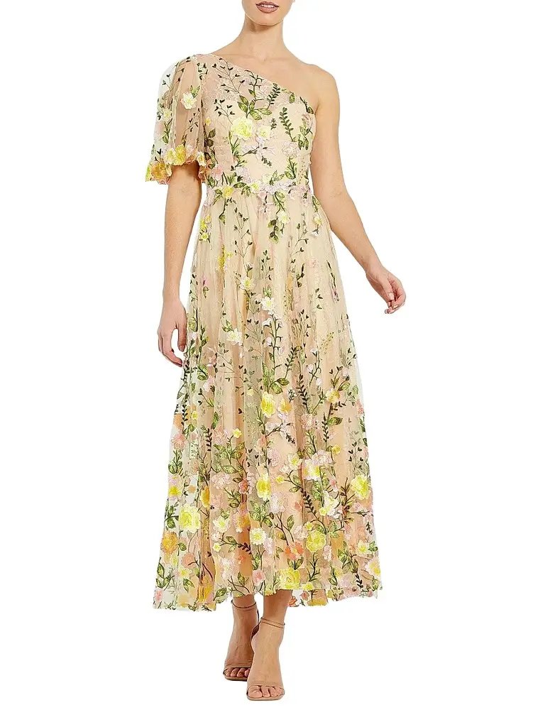 Mac Duggal Women's Floral Embroidered One-Shoulder Midi-Dress