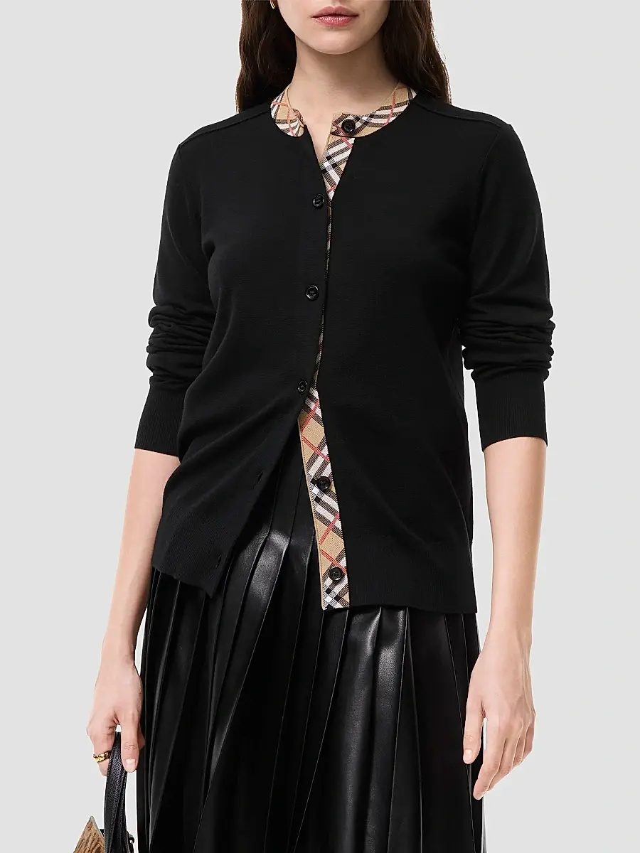 Burberry Women's Margot Check Trim Wool Cardigan | Thumbnail 2