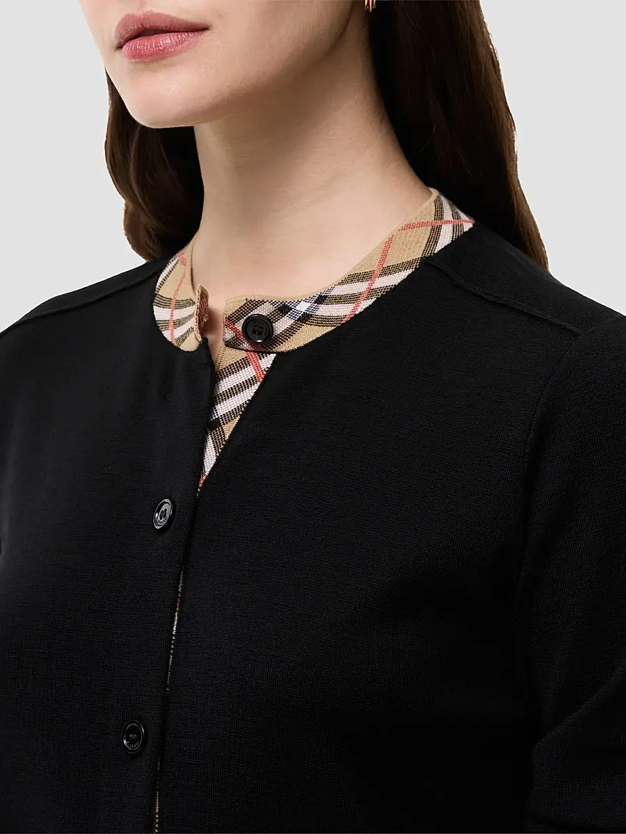 Burberry Women's Margot Check Trim Wool Cardigan | Thumbnail 3