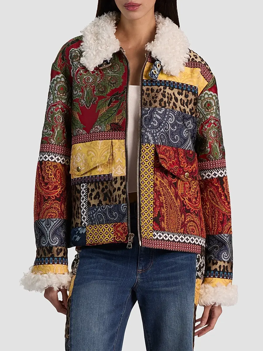 Alice + Olivia Women's Hudson Patchwork Jacquard & Sherpa Aviator Coat | Thumbnail 4 Alice + Olivia Women's Hudson Patchwork Jacquard & Sherpa Aviator Coat | Thumbnail 4