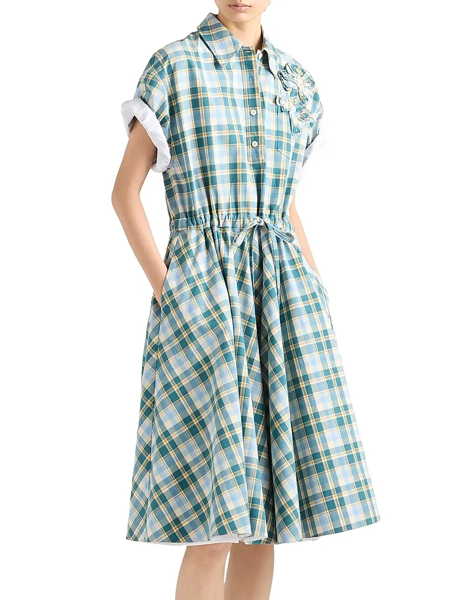 Prada Women's Embroidered Checked Cotton Dress | Thumbnail 2