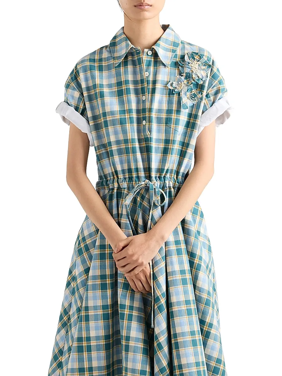 Prada Women's Embroidered Checked Cotton Dress | Thumbnail 4
