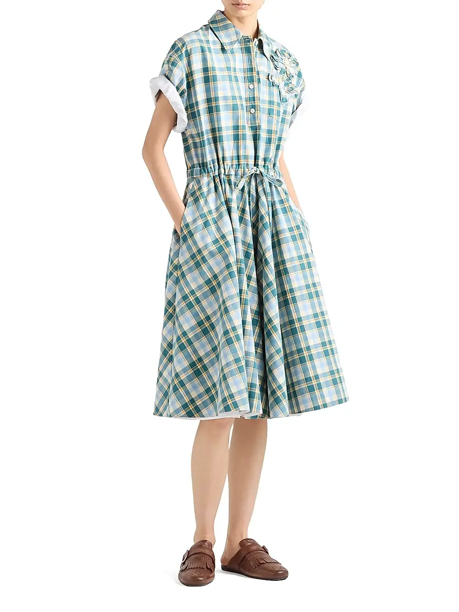 Prada Women's Embroidered Checked Cotton Dress | Thumbnail 7