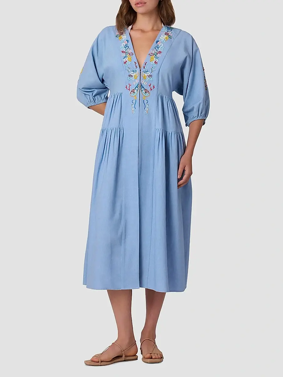 Shoshanna Women's Evora Embroidered Cotton Midi-Dress | Thumbnail 2 Shoshanna Women's Evora Embroidered Cotton Midi-Dress | Thumbnail 2