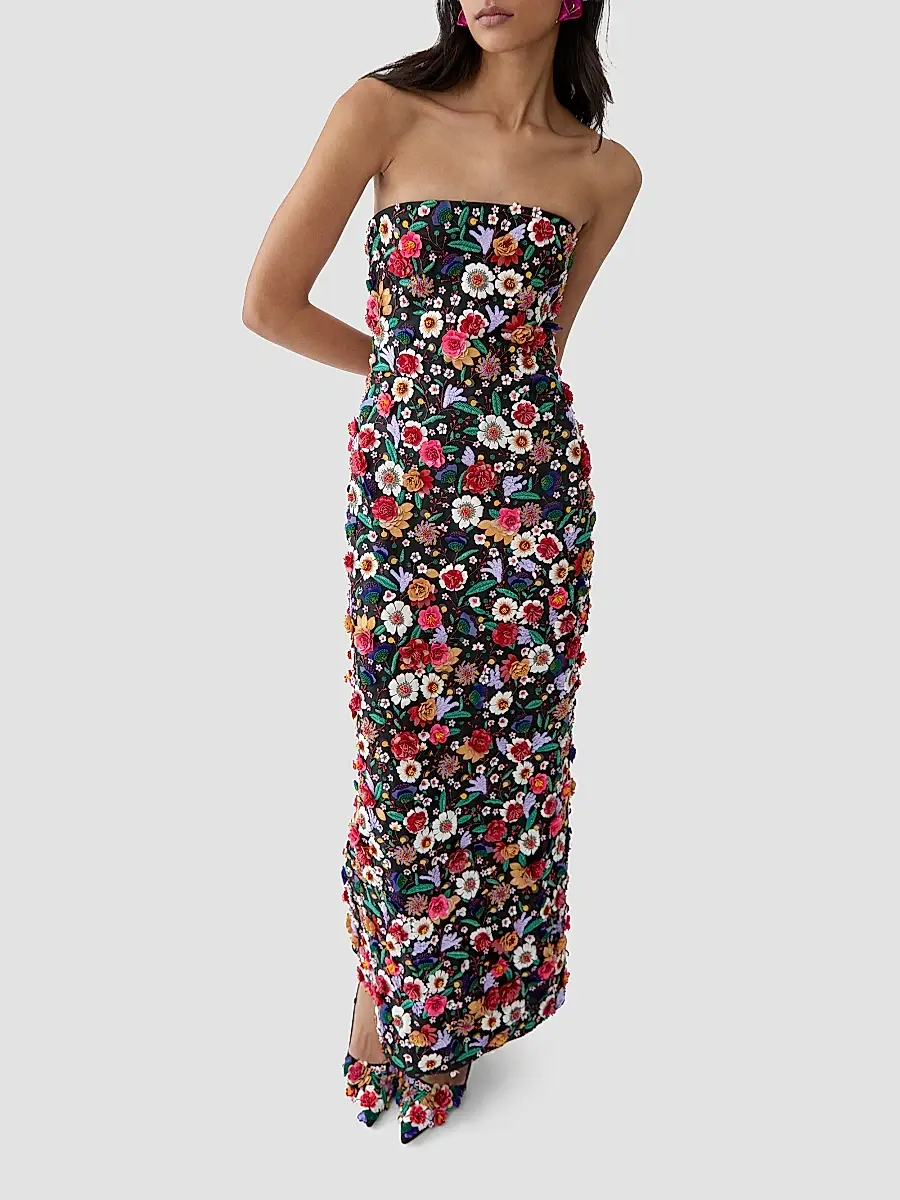 Carolina Herrera Women's Floral-Embellished Silk Strapless Column Gown | Thumbnail 4 Carolina Herrera Women's Floral-Embellished Silk Strapless Column Gown | Thumbnail 4