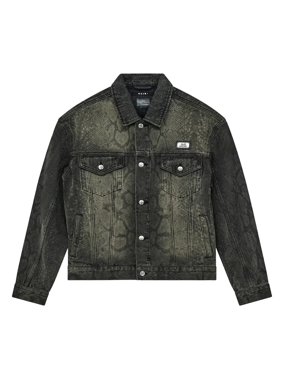 Men's Serpent Flocked Denim Trucker Jacket Men's Serpent Flocked Denim Trucker Jacket