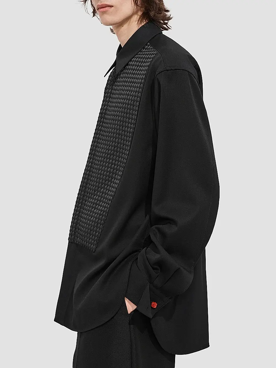 Bottega Veneta Men's Intrecciato-Bib Wool Grain De Poudre Shirt | Thumbnail 2 Bottega Veneta Men's Intrecciato-Bib Wool Grain De Poudre Shirt | Thumbnail 2