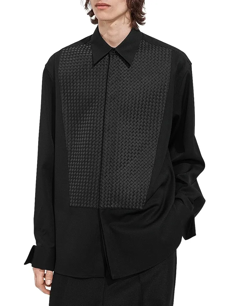 Bottega Veneta Men's Intrecciato-Bib Wool Grain De Poudre Shirt