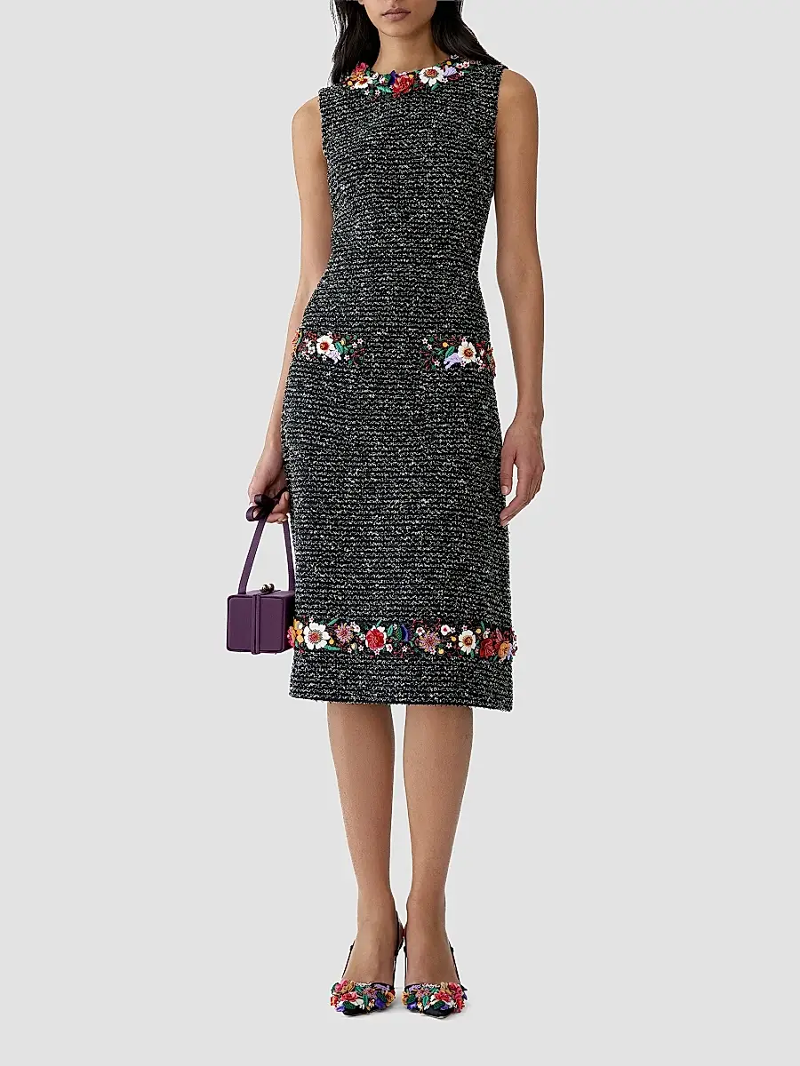 Carolina Herrera Women's Metallic Tweed Floral Embellished-Trim Midi Dress | Thumbnail 2 Carolina Herrera Women's Metallic Tweed Floral Embellished-Trim Midi Dress | Thumbnail 2