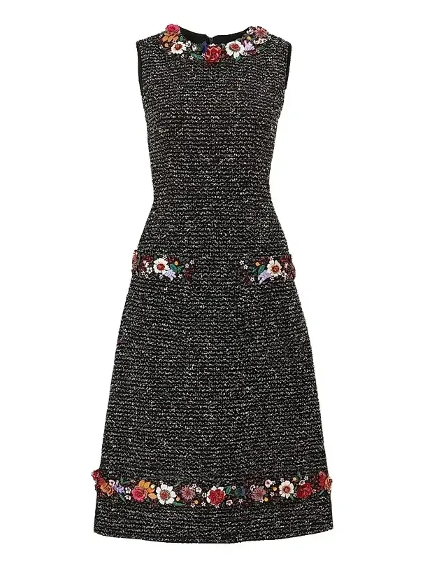Women's Metallic Tweed Floral Embellished-Trim Midi Dress Women's Metallic Tweed Floral Embellished-Trim Midi Dress