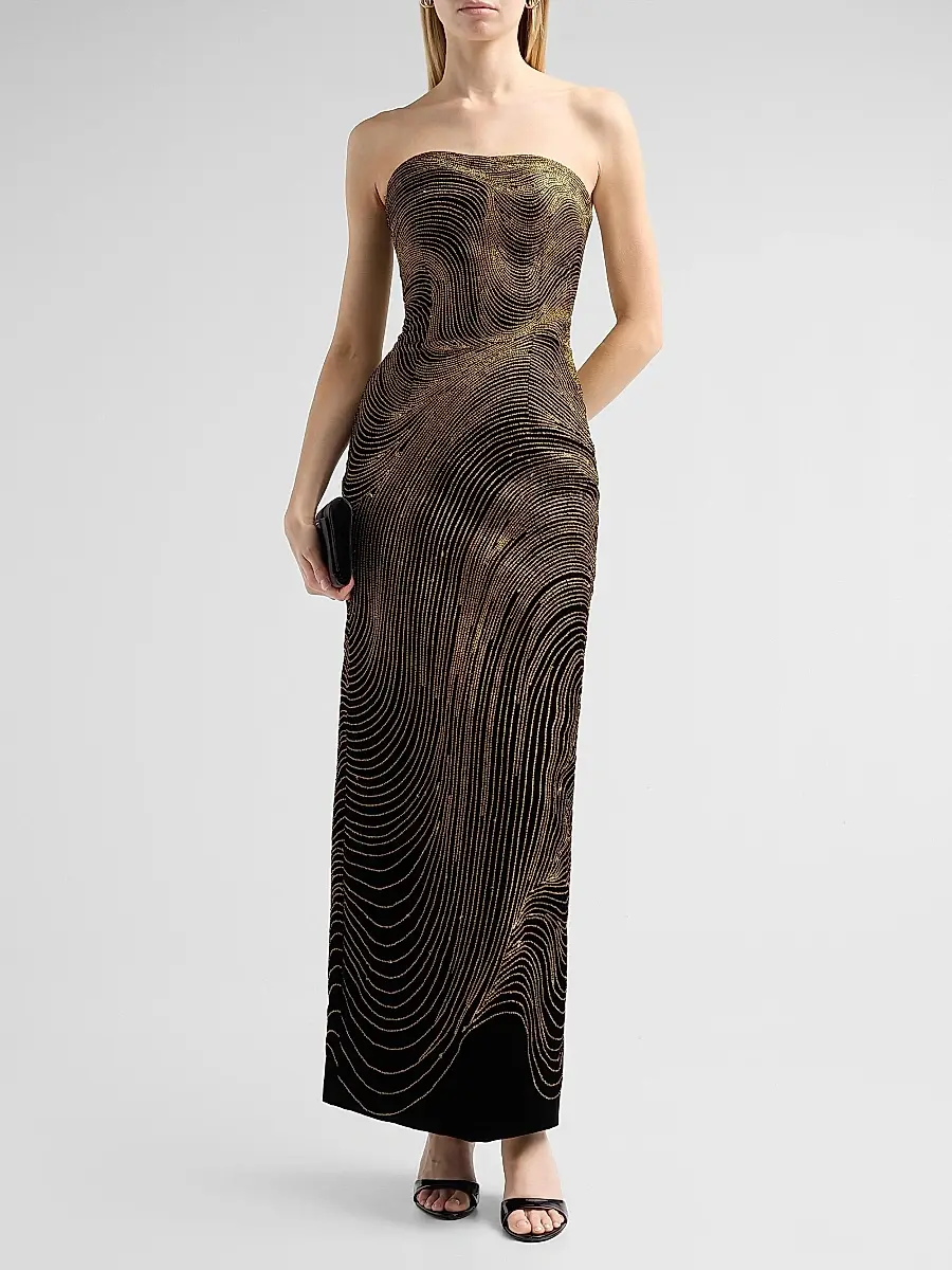Oscar de la Renta Women's Bugle Waves Embroidered Strapless Cocktail Dress | Thumbnail 2