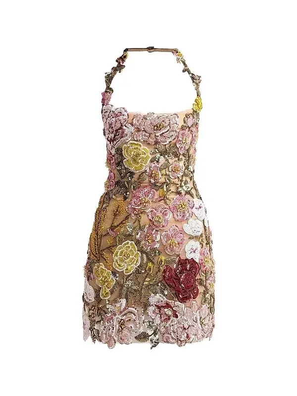 Women's Floral-Embroidered Halter Cocktail Dress