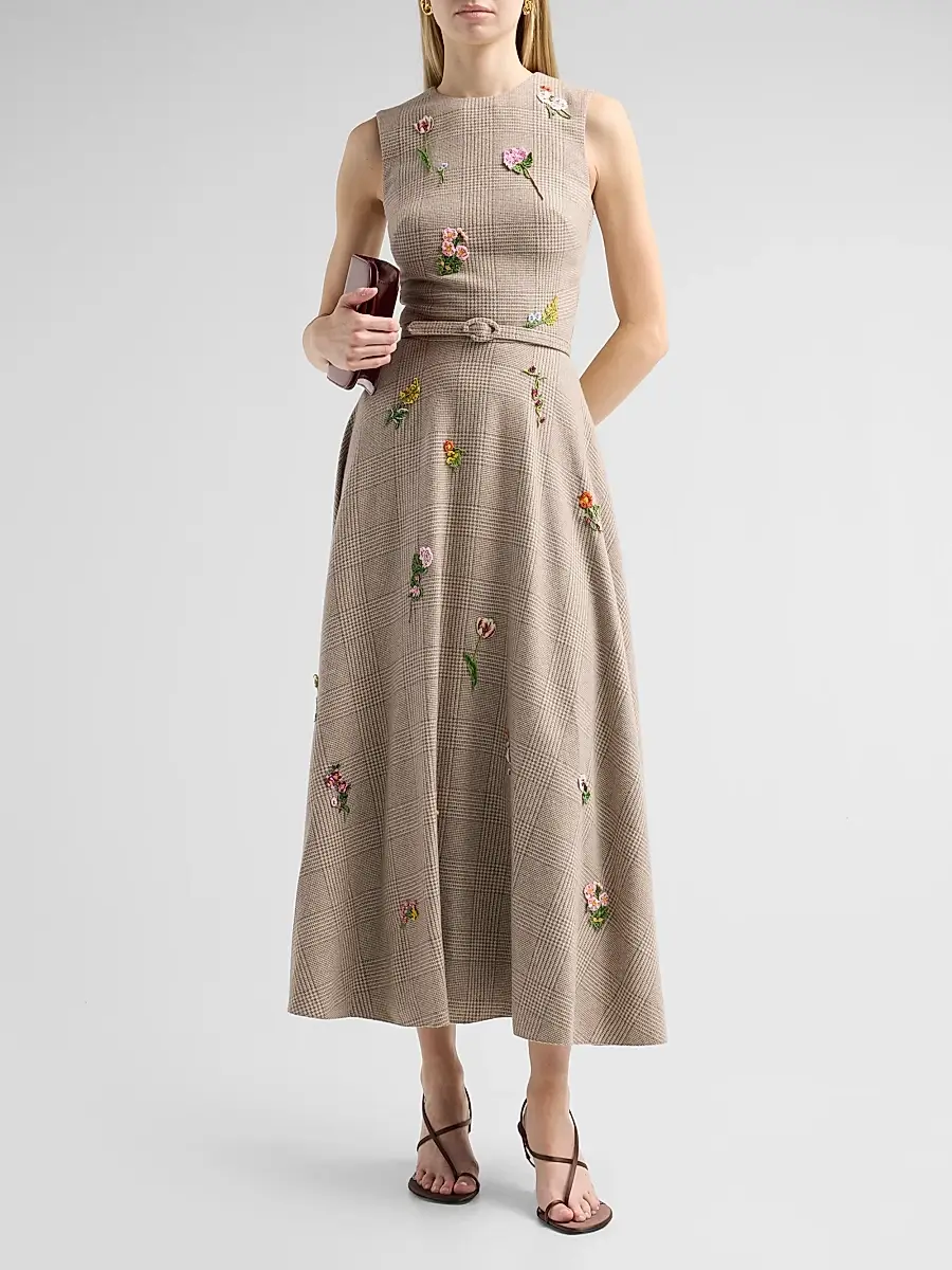 Oscar de la Renta Women's Glen Check Wool-Silk-Cashmere Day Dress | Thumbnail 2