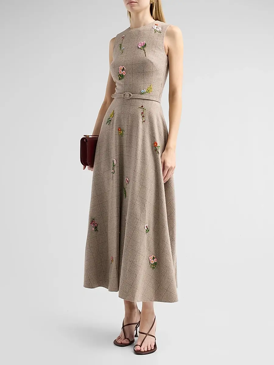 Oscar de la Renta Women's Glen Check Wool-Silk-Cashmere Day Dress | Thumbnail 4